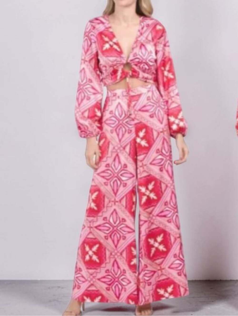 Caroline Constas Two Piece Crop Top Set Size Small Pink Red Resort Wear Wide Leg